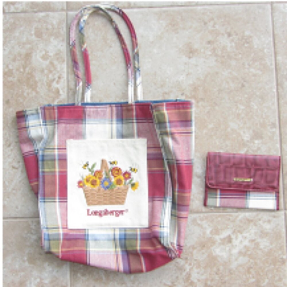 Longaberger Bumble Bee Plaid & Denim Tote Bag & Card Wallet